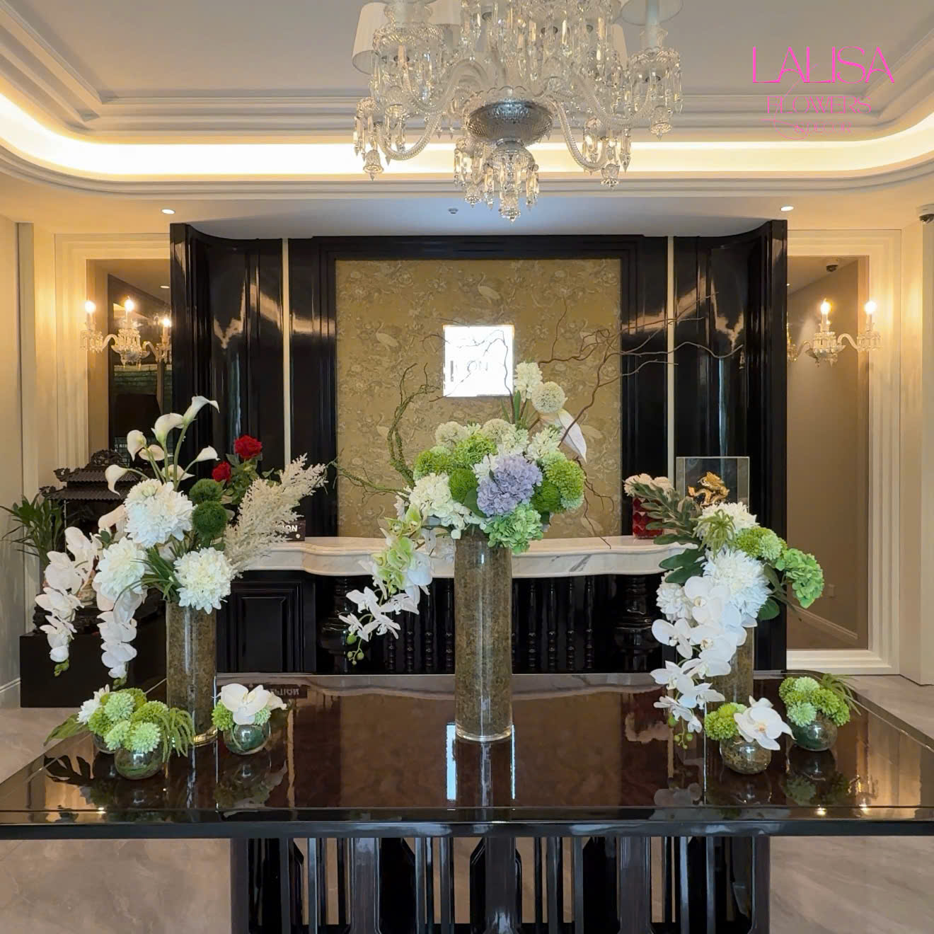 Set Hoa Lụa Decor Đại Sảnh Xanh Trắng